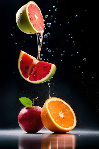 Se vierten rodajas de sandía y naranja en una gota de agua.