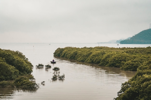 Vietnam alte vietnamesische Frau, die traditionelles vietnamesisches Boot rudert. Natur Südostasiens. Frau mit Strohhut schwimmt auf einem Holzboot vom Fluss zum Meer.