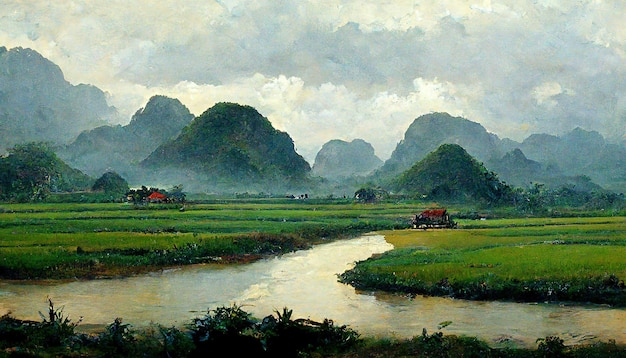 Vietnam campos verdes paisaje río en vietnam pintura ilustraciones