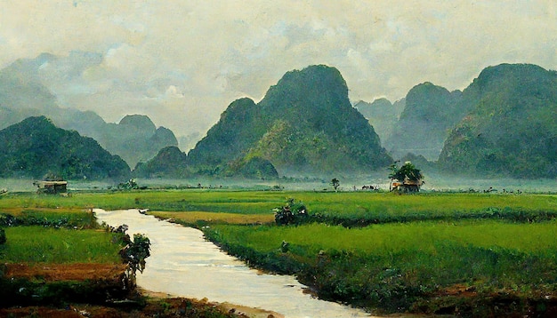 Vietnam campos verdes paisaje río en vietnam pintura ilustraciones