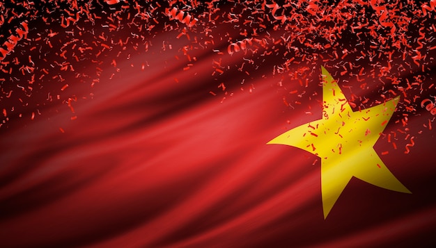 Vietnam-Flagge mit Konfetti, die für Unabhängigkeitstag fallen. 3D-Rendering