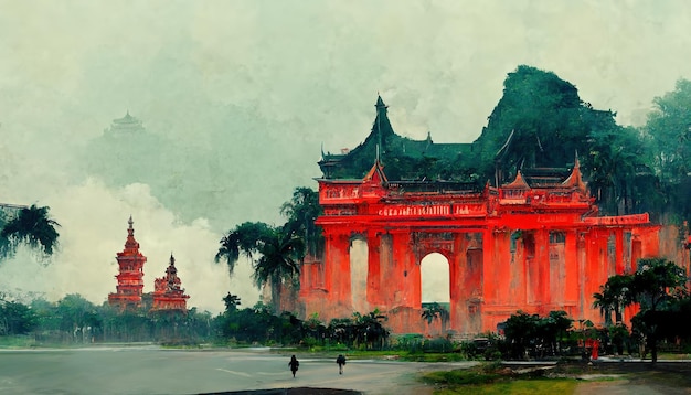 Vietnam monumentos antiguos pintura ilustración templo vietnamita arquitectura