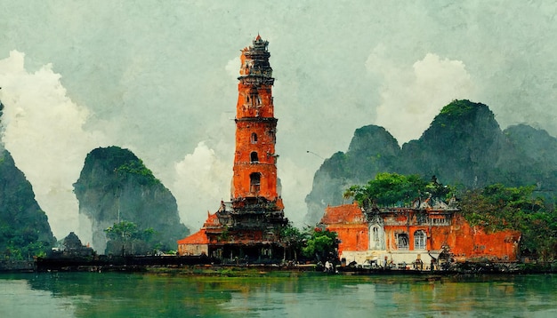 Vietnam monumentos antiguos pintura ilustración templo vietnamita arquitectura