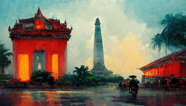 Vietnam monumentos antiguos pintura ilustración templo vietnamita arquitectura