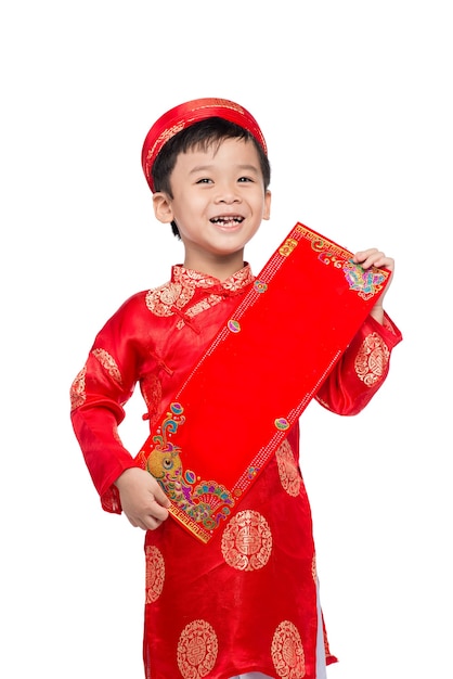 Vietnamese Boy Kid gratuliert zu seinem neuen Jahr. Frohes neues Mondjahr. Text bedeutet Glück und Glück