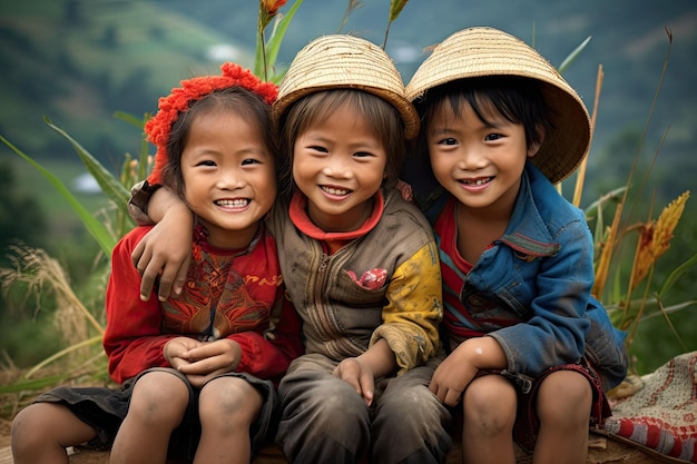 Vietnamesische Hmong-Kinder glücklich Vietnamesischer Treppenhintergrund