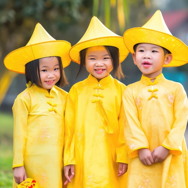 Vietnamesische Neujahrskinder in gelben traditionellen Kostümen