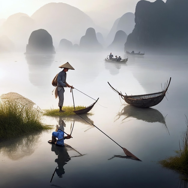 Vietnamesischer Fischer mit Netzfeuchtgebieten