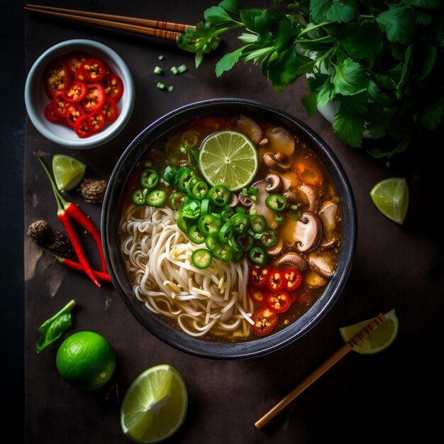 vietnamesisches Pho mit würziger Sriracha-Sauce, von oben nach unten geschlagen