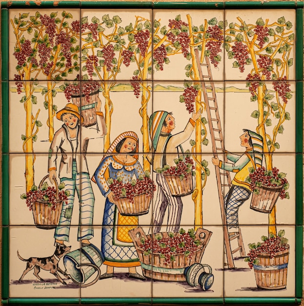 Vietri sul mare costa amalfitana itália 6 de abril de 2022 tradicionais azulejos decorativos italianos ornamentados de vietri colheita sazonal as pessoas colhem uvas para vinho vinificação