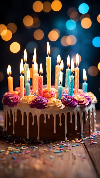 view bolo de aniversário adornado com velas acesas em mesa de madeira vibrante Vertical Mobile Wallpaper