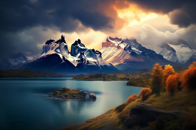 Foto a view of a lake with mountains in the middle