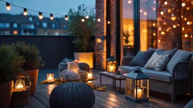 _View_over_cozy_outdoor_terrace_with_outside_string HD 8K papel de parede Imagem fotográfica de estoque