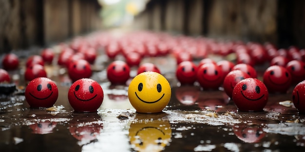 Foto views of happy and sad funny face bolas de plástico amarelas e vermelhas na multidão ilustração de renderização 3d