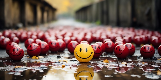 Views of Happy and sad funny face bolas de plástico amarillas y rojas en la multitud Ilustración de renderización 3D
