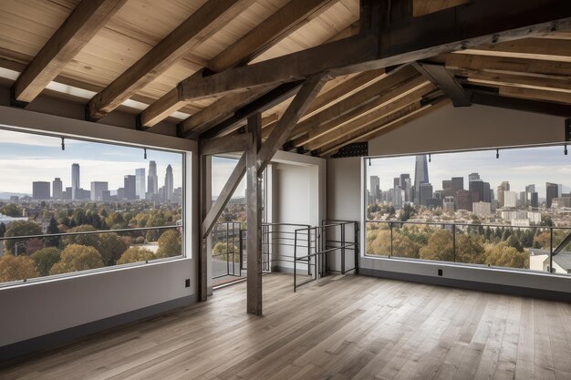 Vigas expostas e telhados metálicos da nova casa com vista para o horizonte da cidade