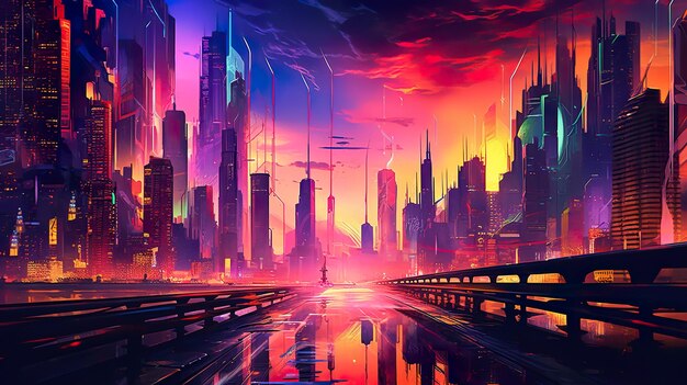 Vigilancia futurista del paisaje urbano Synthwave 80s ai generar