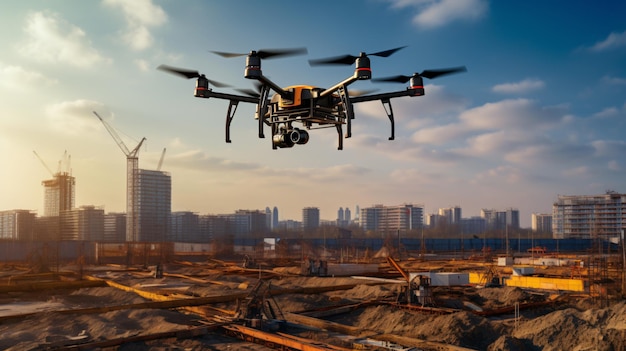 Vigilância por vídeo de drones sobre o local de construção