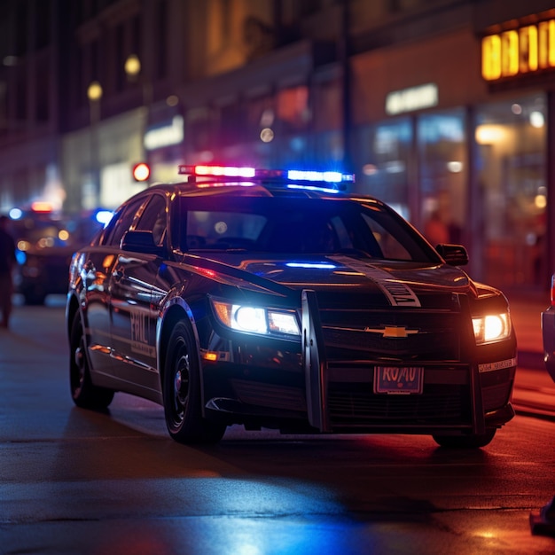 Foto vigilância urbana as luzes dos carros da polícia iluminam as ruas da cidade à noite para as redes sociais