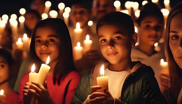 Una vigilia con velas con personas sosteniendo velas encendidas para honrar a las víctimas del cáncer.