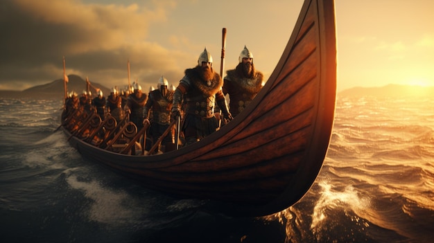 Viking longboat raid batalha invasão marítima imagem hiper real arte gerada por Ai