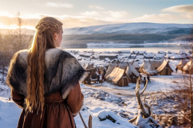 Viking süßes Mädchen Schneesiedlung Generieren Sie Ai