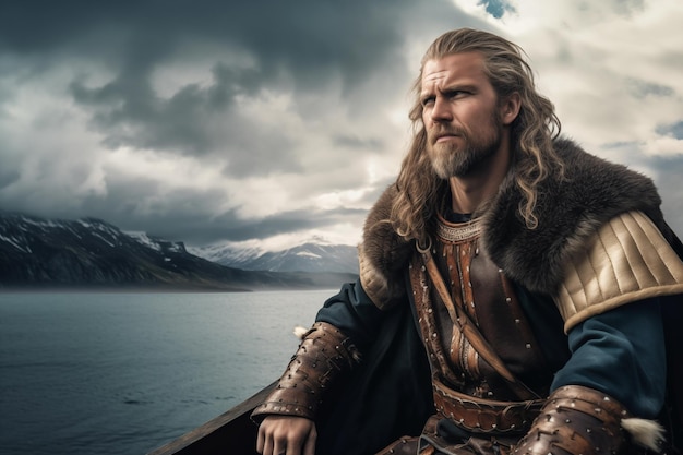 Un vikingo en serio sentado en un barco en una tormenta AI generativa