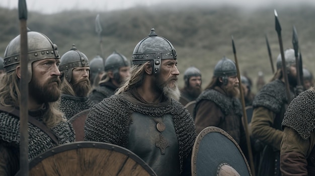 Vikings escandinavos medievais em armadura com armas na floresta durante o dia AI gerado