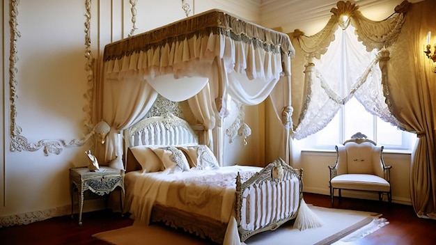 Viktorianisch inspirierte Luxus-Hotelschlafzimmereinrichtung mit einem Himmelbett, Spitzenvorhängen und antiken Möbeln