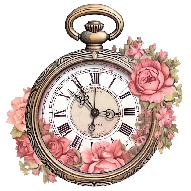 Viktorianische Aquarell-Vintage-Uhr mit rosa Blumen Illustration Vintage viktorianische rosa Clipart