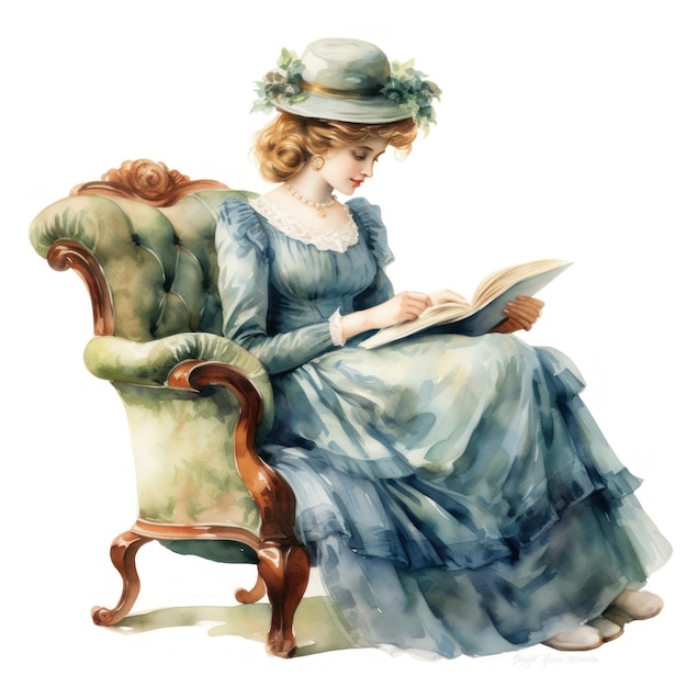 Foto viktorianische dame liest auf einem stuhl aquarell clipart
