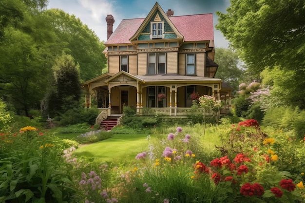 Viktorianisches Haus, umgeben von einem üppigen und grünen Garten mit blühenden Blumen