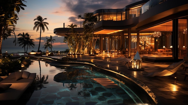 Foto vila de luxo com piscina ao pôr-do-sol