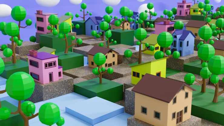 Vila de renderização 3D no cubo crescido e na árvore lowpoly.