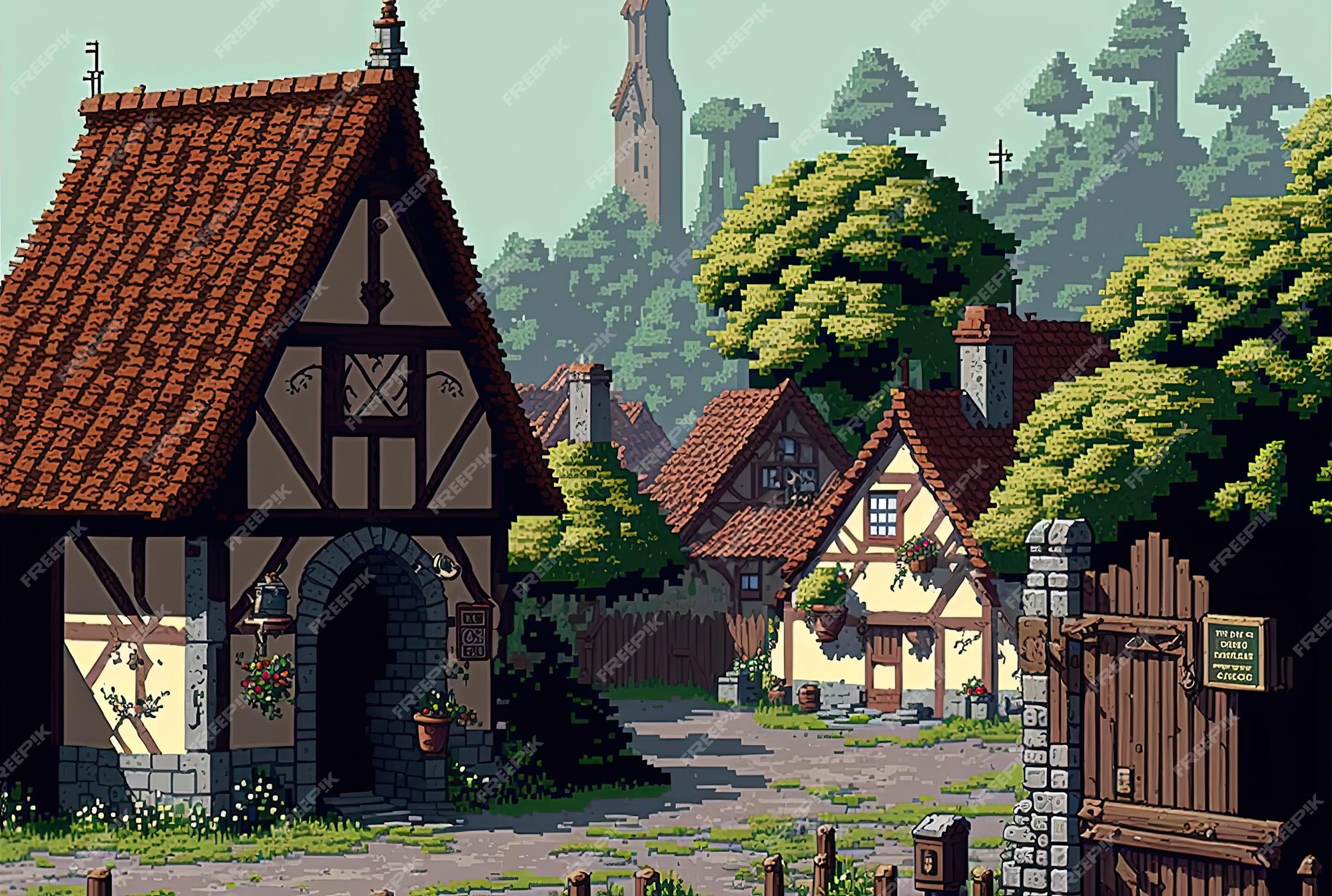 Vila medieval de pixel art vila de casas de meia-idade com fundo