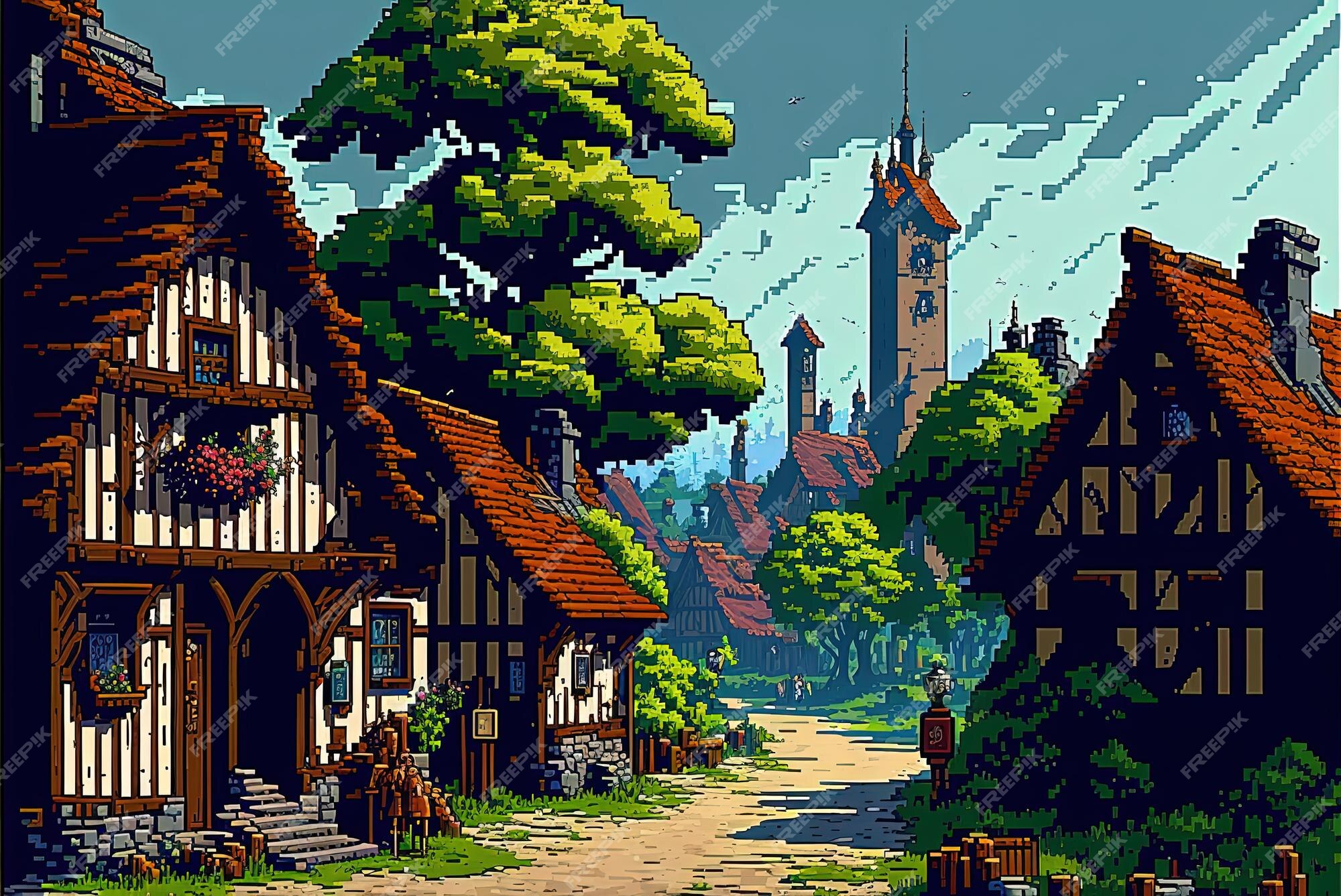 Vila medieval de pixel art vila de casas de meia-idade com fundo