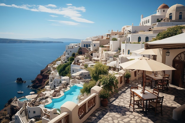 Vila pitoresca das Cíclades de Santorini em Imerovigli com vistas panorâmicas