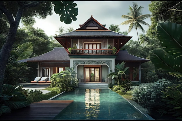 Villa à beira-mar com piscina privada rodeada por uma vegetação luxuriante