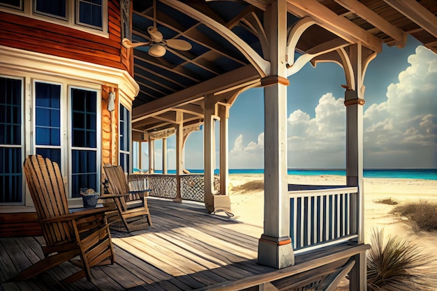 Villa à beira-mar com varanda envolvente e cadeiras de balanço