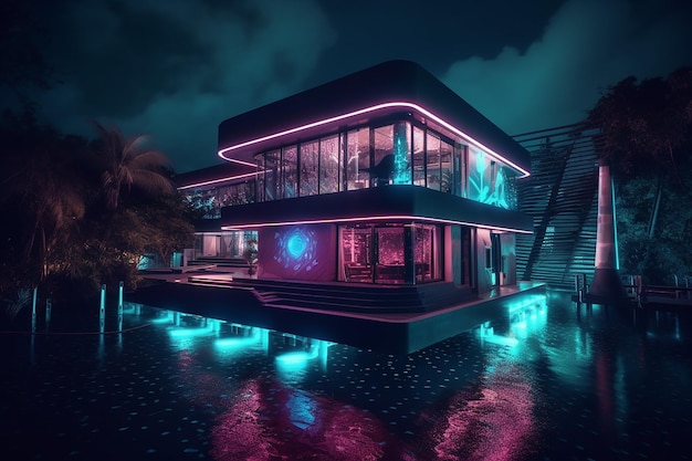 Foto villa de agua que fluye con estética cyberpunk