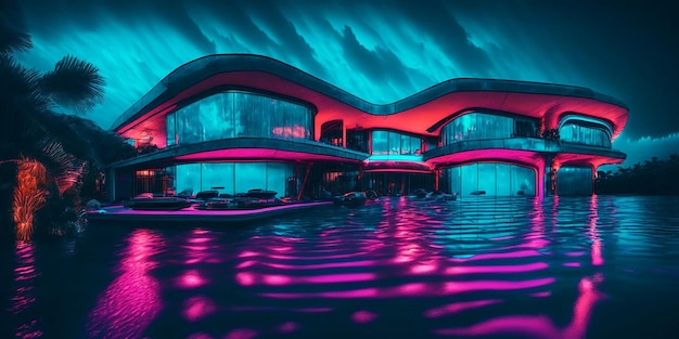 Foto villa de agua que fluye con estética cyberpunk