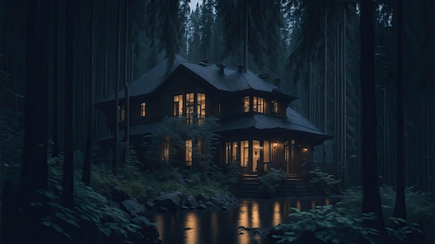 Una villa en el bosque de noche con lluvia.