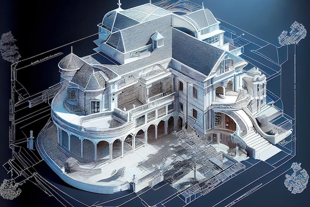 Villa de cabaña moderna ubicada en planos y surgiendo como un modelo 3D con IA generativa