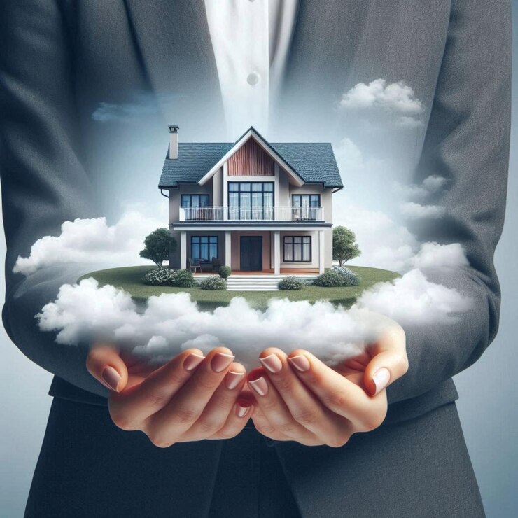 Villa de la casa flotando en la imagen del cielo