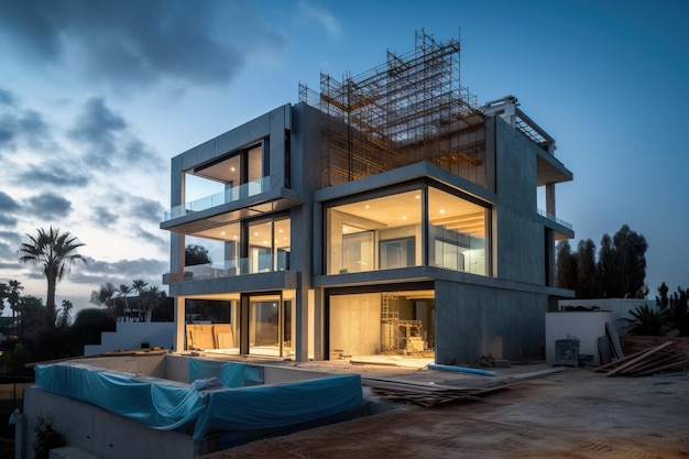 Villa contemporânea com piscina e jardim na hora azul generativa ai