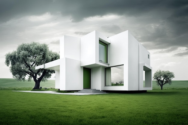 Villa cúbica blanca moderna exterior con grandes ventanales y jardín Ai generativo