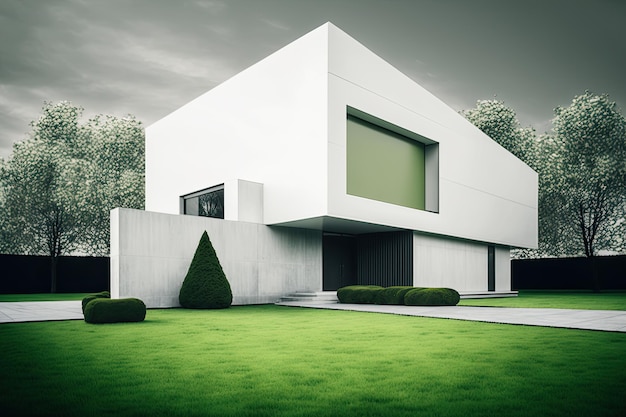 Villa cúbica blanca moderna exterior con grandes ventanales y jardín Ai generativo