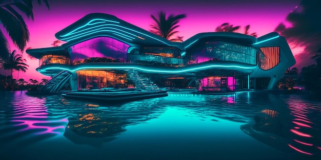 Villa de água corrente com estética cyberpunk