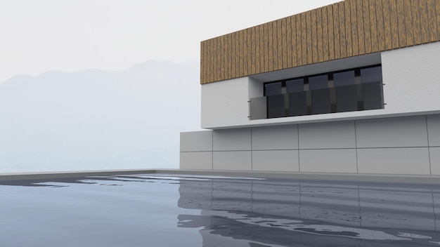 Villa de estilo moderno com uma grande piscina e uma bela vista sobre as montanhas. renderização 3D.