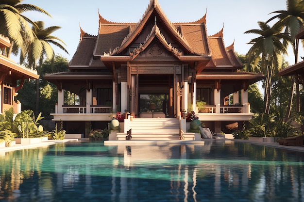 Villa de luxo balinesa tailandesa com piscina infinita Um jardim tropical em ubud bali indonésia